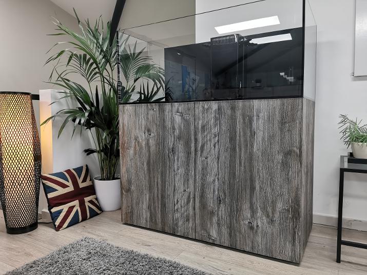 BRACELESS REEF TANK LIKE THE EVOLUTION AQUA BUT BUILT ON STEEL FRAMED CABINET 1800mm  GLOSS WHITE BLACK BACKGROUND TWO ADDITIONAL CABINETS